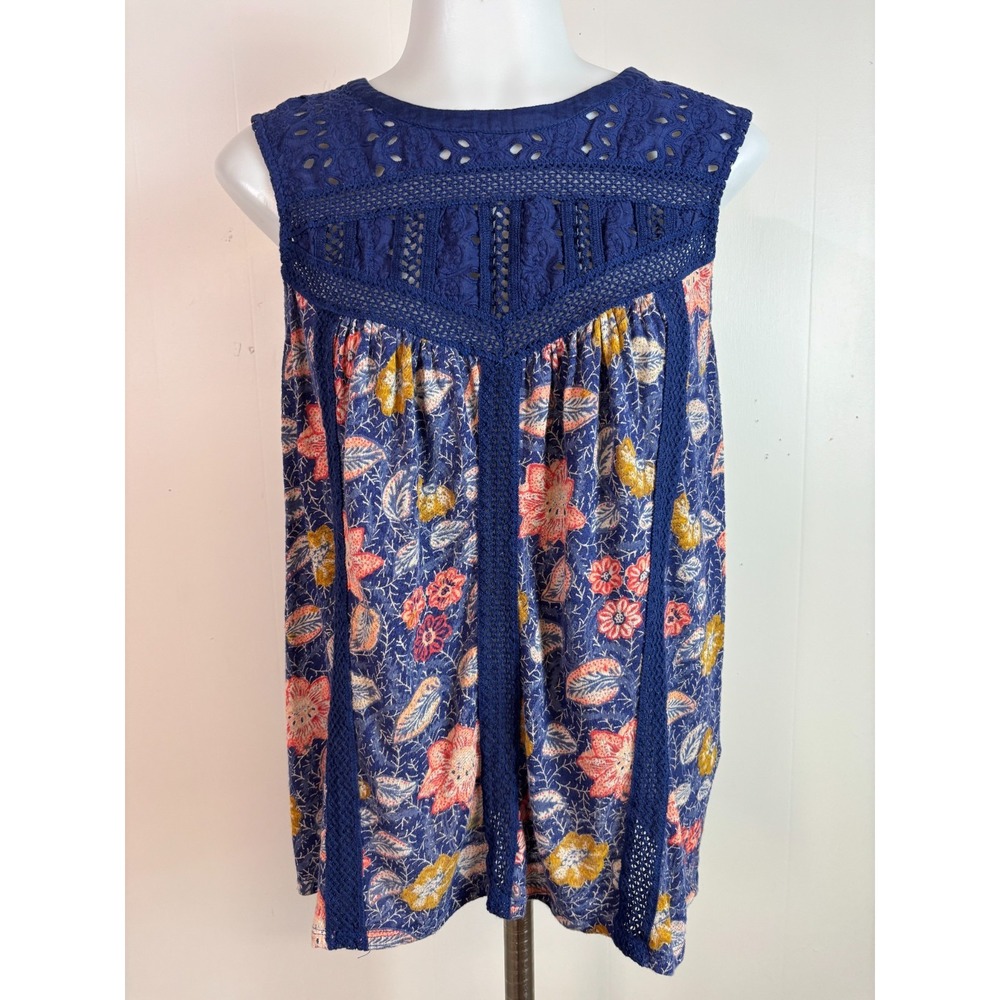 Lucky Brand Tank Top Large Blue Orange Floral Eyelet Crochet Linen Blend Women's